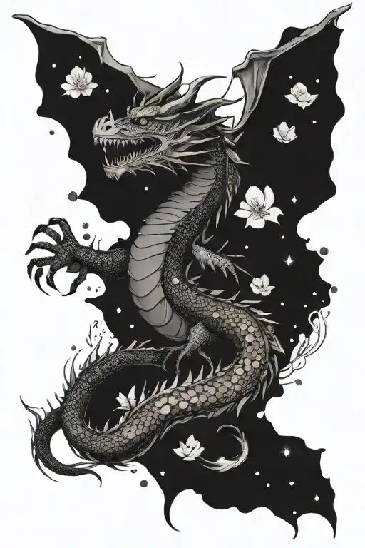 Dragon With Sakura Petals Under The Night Sky