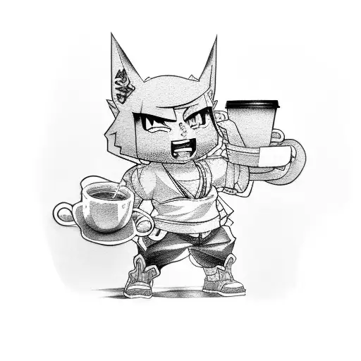 An Anime Character With Gym Weights And A Coffee Cup In Hand