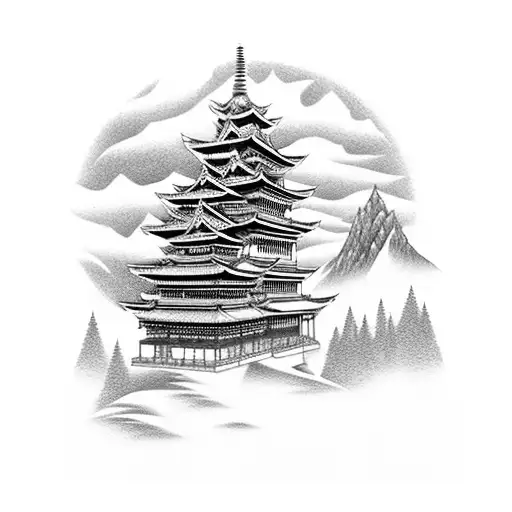 Katana On A Katana Stand In Front Of A Tempel With Mountains And Trees