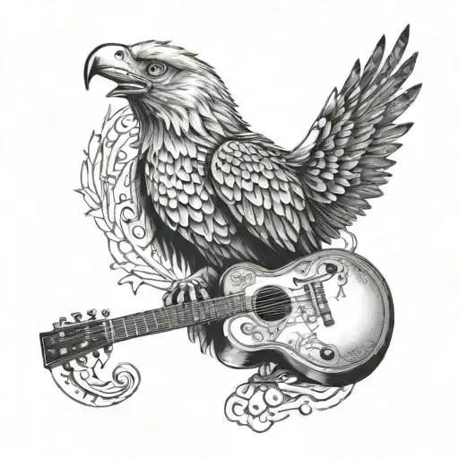 An Eagle Perched On A Guitar With A Wolf Standing Beside It
