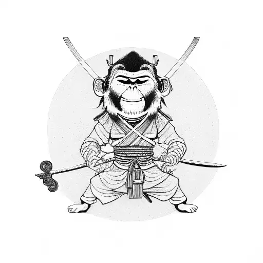 Samurai Monkey In A Yoga Possition With A Sword In The Ground