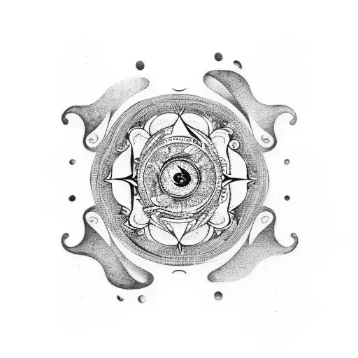 A Dotwork Tattoo Of A Yin Yang Symbol With Waves And Seashells Inside