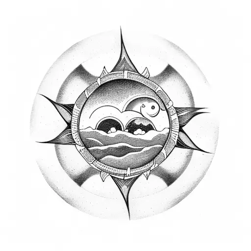 A Black And Grey Beach Landscape With A Yin Yang Symbol As The Sun