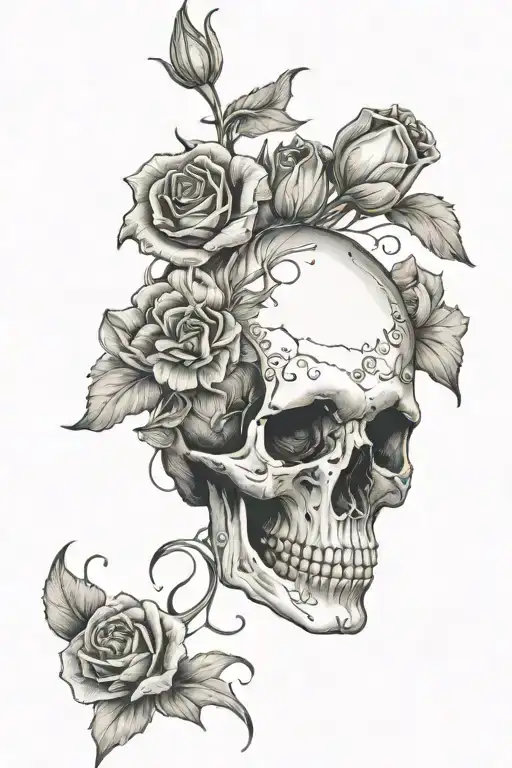 Skull Design Facing Towards The Left With Tulips And Roses And Any Other Flowers