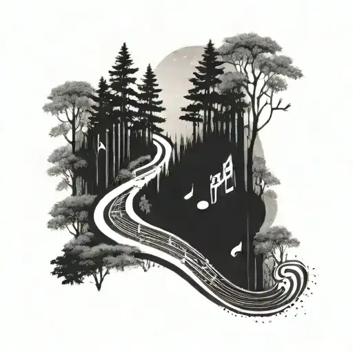 A Winding Road Through A Forest With Musical Notes Floating In The Air