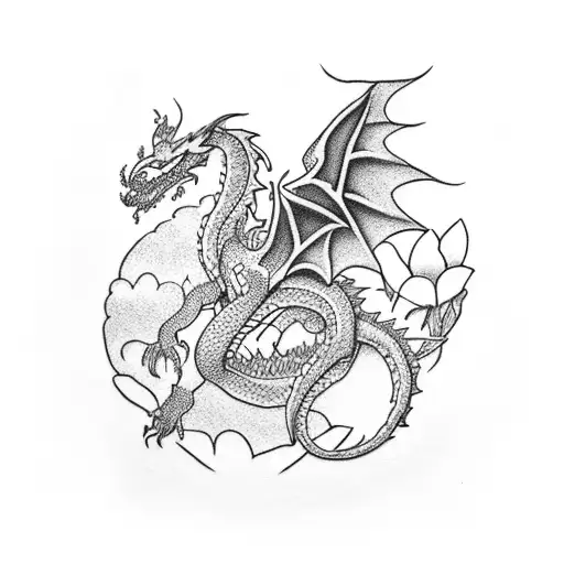 A Dotwork Tattoo Of A Dragon Emerging From A Blooming Flower