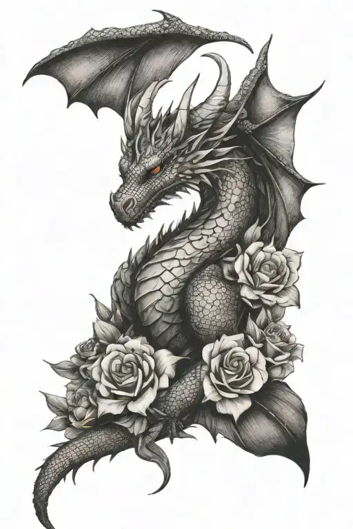 Dragon With Wings With Flowers Surrounding It For Thigh