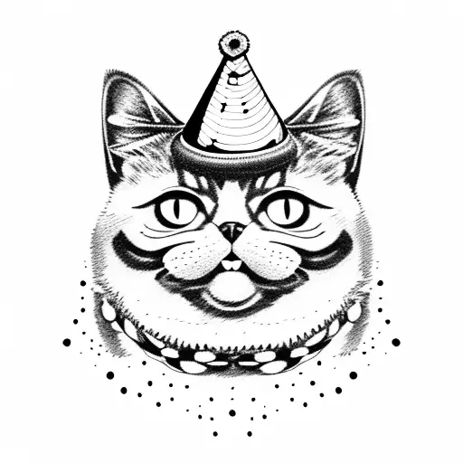 Black And Chubby Cat With A Ruff Around Its Neck And A Birthday Hat