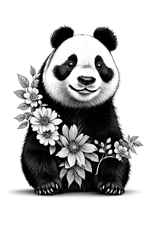 Cute Panda With Half Face As Flowers