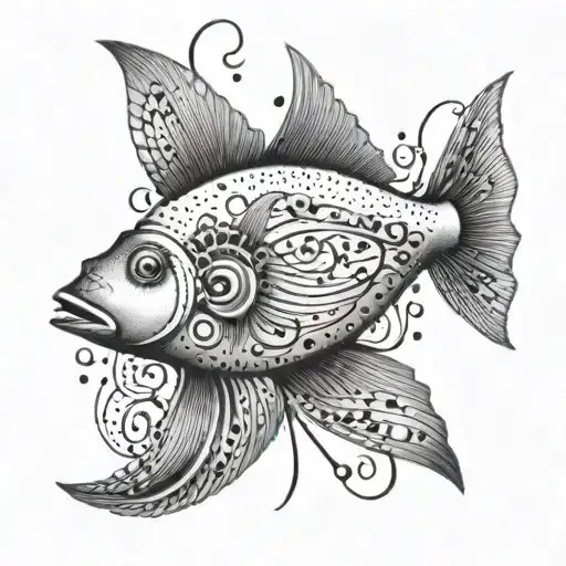 A Unique Tattoo Of A Christian Fish Symbol Combined With Musical Elements Like Notes And Instruments