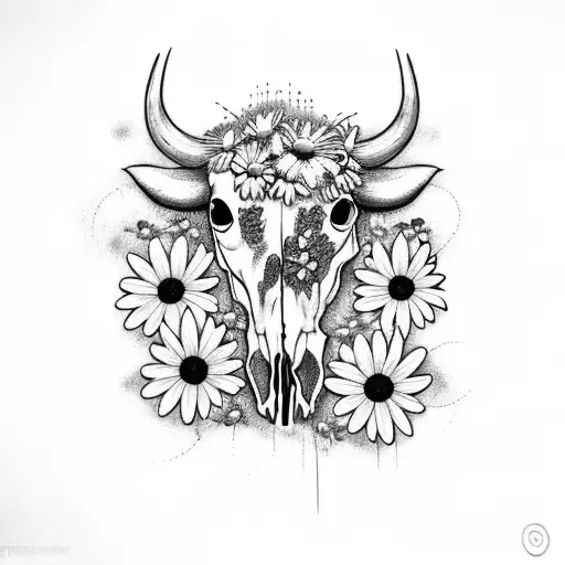 Cow Skull With Daisy Flowers And Barbwire