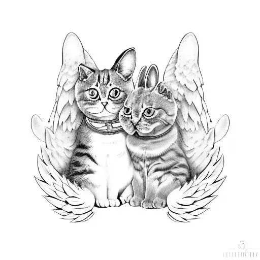 Cat And Rabbit Hugging With Angel Wings And Bows