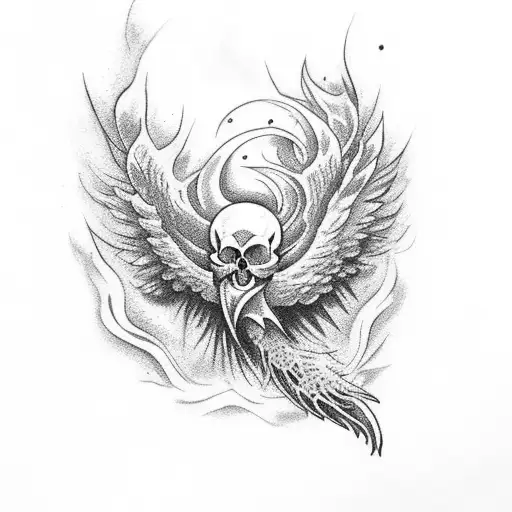 A Skull With A Phoenix Rising From Its Ashes In A Dotwork Style