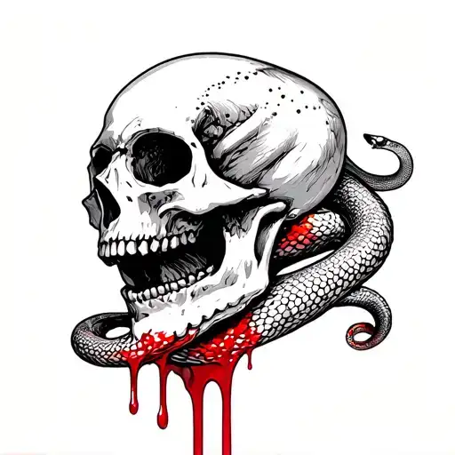 Skull With Blood Leaking From It's Mouth And A Snake Slithering Around The Skull Chest