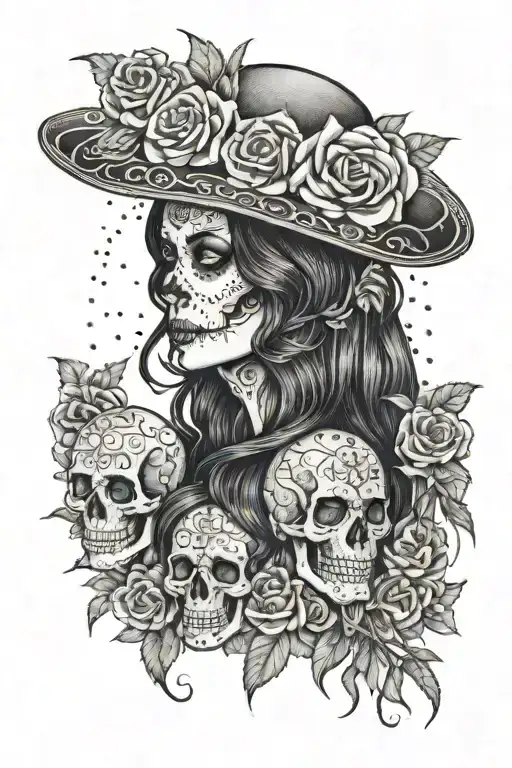 La Catrina Portrait With Skulls Embedded In Here Very Long Black Hair
