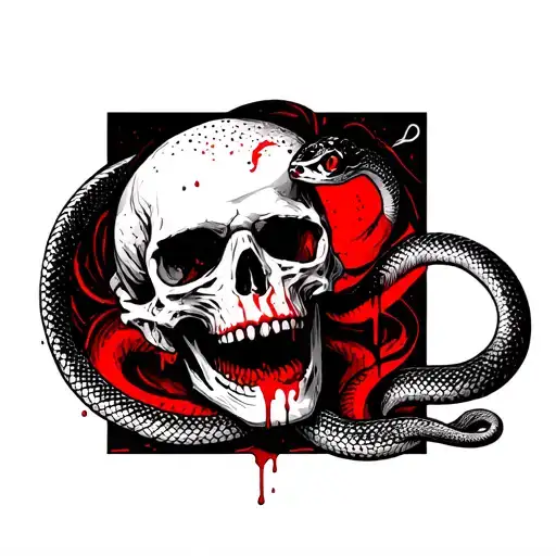 Skull With Blood Leaking From It's Mouth And A Snake Slithering Around The Skull Chest