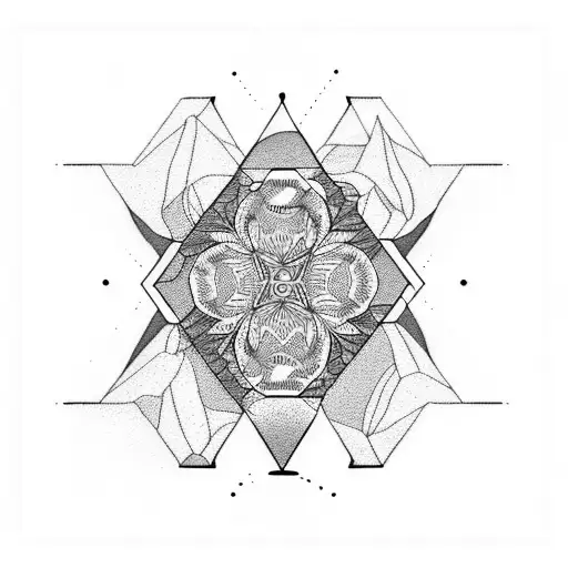 A Dotwork Tattoo Depicting A Geometric Representation Of A Mountain Landscape With Blooming Flowers