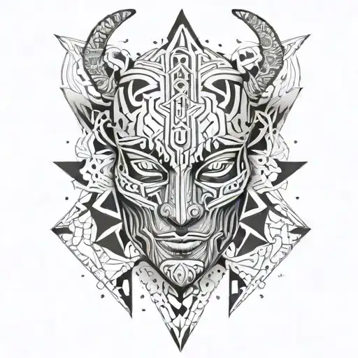 Create A Tattoo Featuring Boris Brejcha's Mask Surrounded By Abstract Geometric Shapes And Patterns