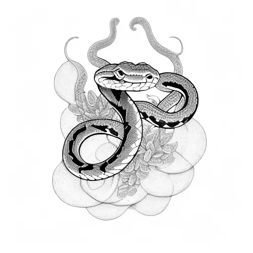 A Serene Outdoor Scene Featuring A Snake Coiled Around A Blooming Plant