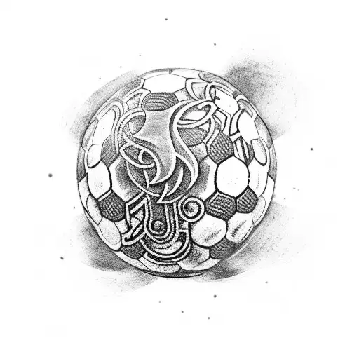 A Tattoo Of A Soccer Player Kicking A Ball With Ancient Viking Symbols Surrounding Them
