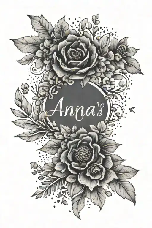 A Dotwork Tattoo Of A Floral Wreath With Anna's Name Incorporated In A Creative Way