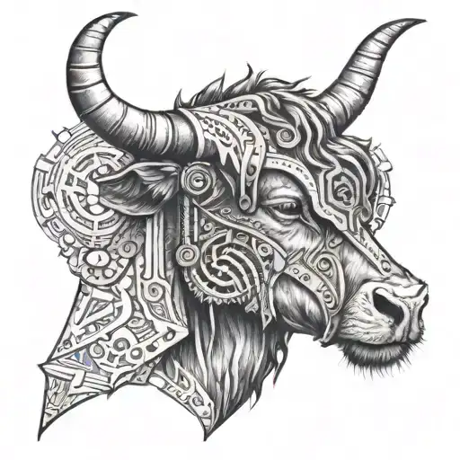 A Mechanical Arm Tattoo Featuring A Highland Cow Wearing An Assassin's Creed Hood