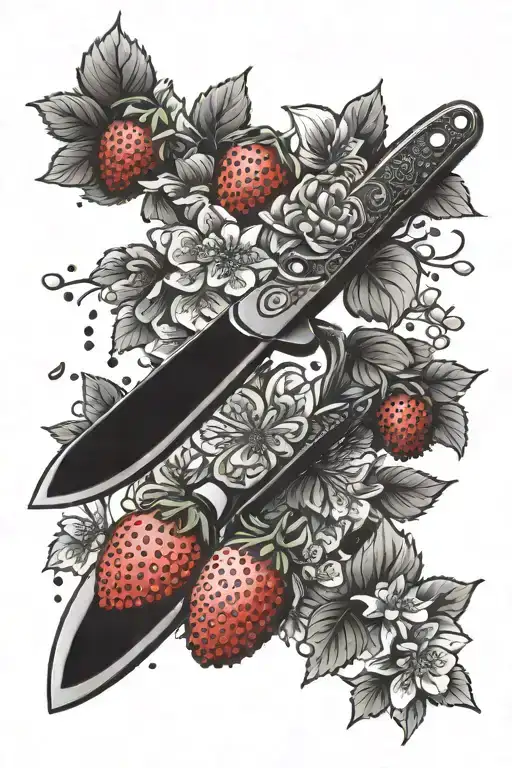 Chef Knives With Strawberries And Cherry Blossom With A