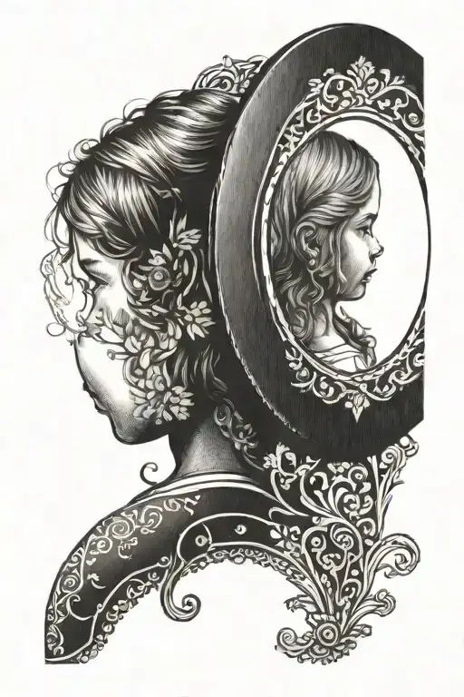 Young Girl Facing Her Little Version In Front Of Mirror