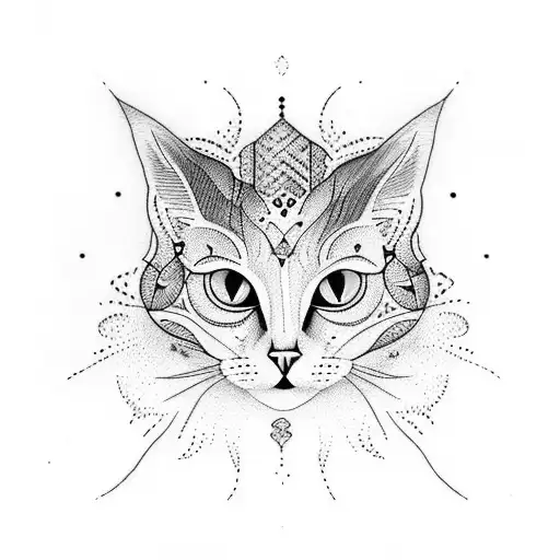 A Captivating Dotwork Tattoo Of A Cat Adorned With Cosmic Patterns