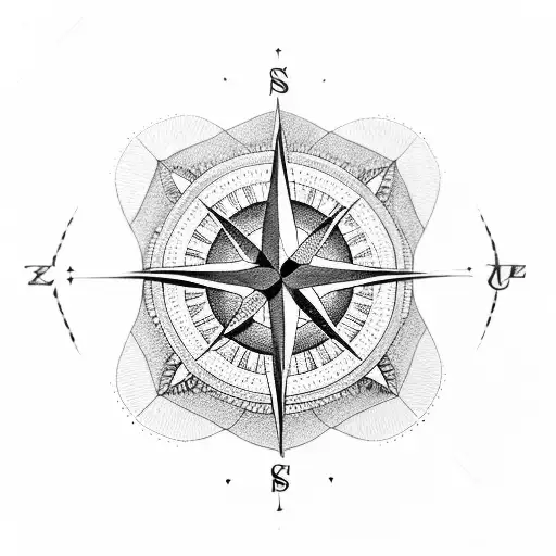 A Dotwork Tattoo Of A Compass Rose With Elsie And Brody's Initials As The Cardinal Directions
