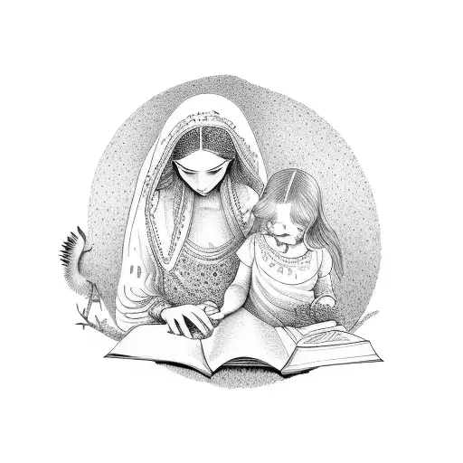 An Elegant Dotwork Illustration Of A Mother And Child Reading Together
