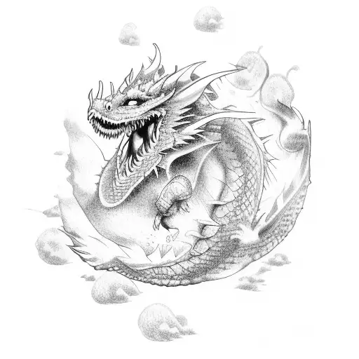 A Wise Old Dragon Breathing Fire In A Dotwork Style