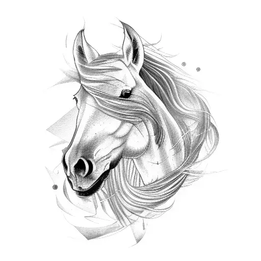 A Black-grey Tattoo Of A Horse With Abstract Psychedelic Patterns Flowing Through Its Mane