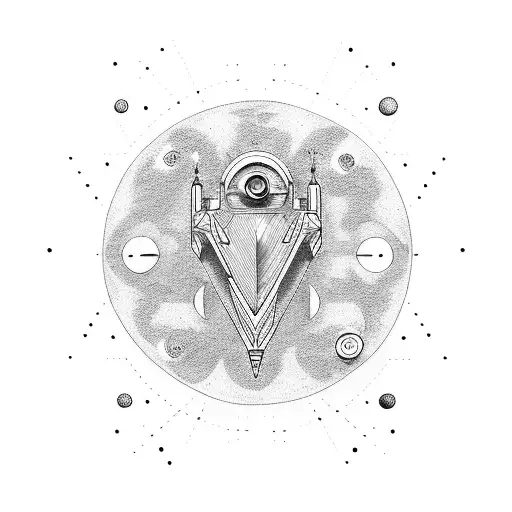 A Dotwork Tattoo Of A Futuristic Space Scene With Elements Inspired By Harry Potter