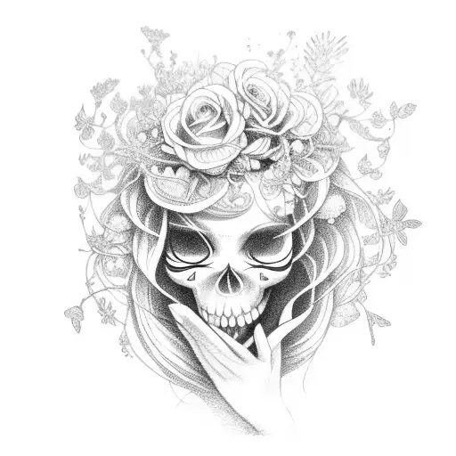 Magical Goddess With Long Hair Holding Flowers And Nature In One Hand And A Skull In The Other Hand