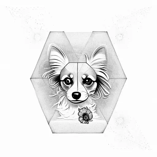 Papillon Dog In Triangle Geometric Design With Flowers