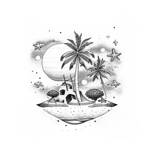 A Dotwork Tattoo Of A Beach Scene With Palm Trees And A Galaxy Sky
