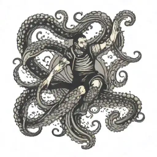 A Sailor Diving Into The Ocean Surrounded By Octopus Arms