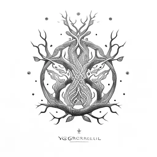 Yggdrasil With Intricate Dotwork Patterns Representing The Different Worlds