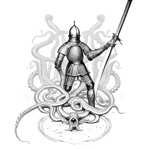 A Medieval Knight Fighting A Giant Octopus