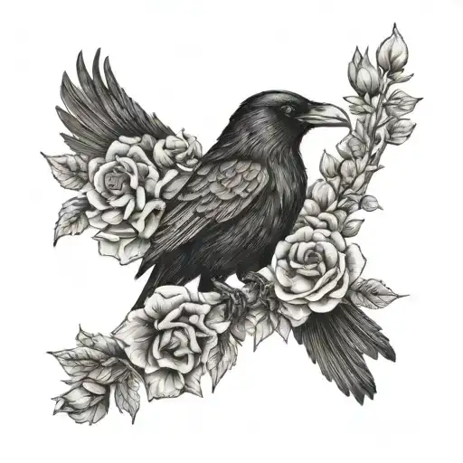 Raven On Shoulder With Flowers