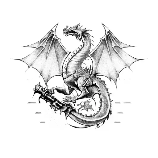 A Pixelated Heavy Metal Band Logo Featuring A Dragon And Crossed Swords