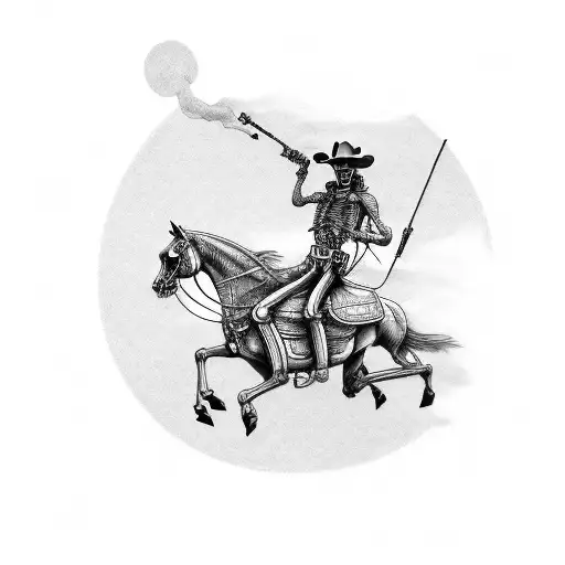 Fine Line Tattoo Skeleton Cowboy Smoking A Cigarette Riding A Horse On Its Back Legs