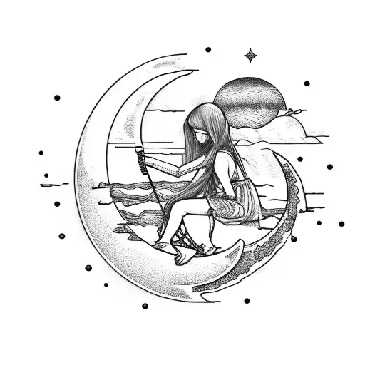 Girl Sitting On Crescent Moon Fishing For Saturn