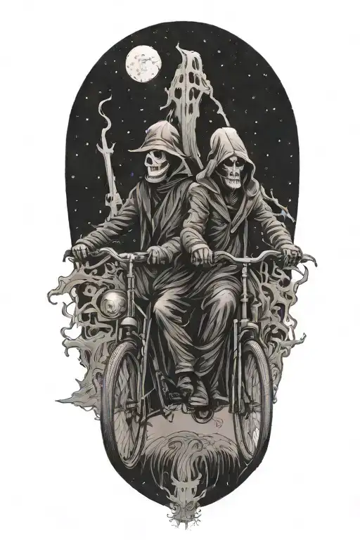 Grim Reaper And Plague Doctor Riding A Tandem Bicycle