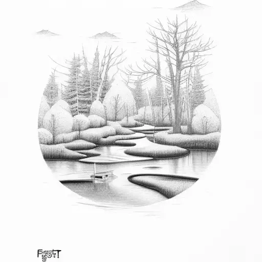 Forst With Pond In The Middle With A Boat Fishing