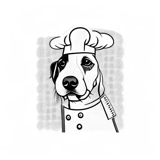 A Dotwork Tattoo Of A Dog Wearing A Chef's Hat Cooking A Steak On A Grill