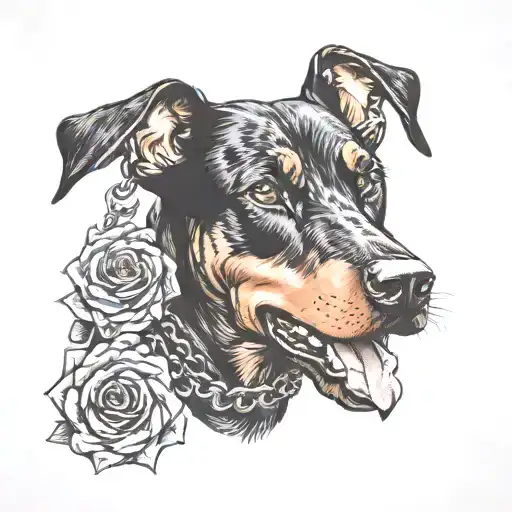 Doberman Dog With Chain With Roses