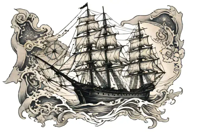 Uss Constitution Intertwined With A Ripped Map And Compass