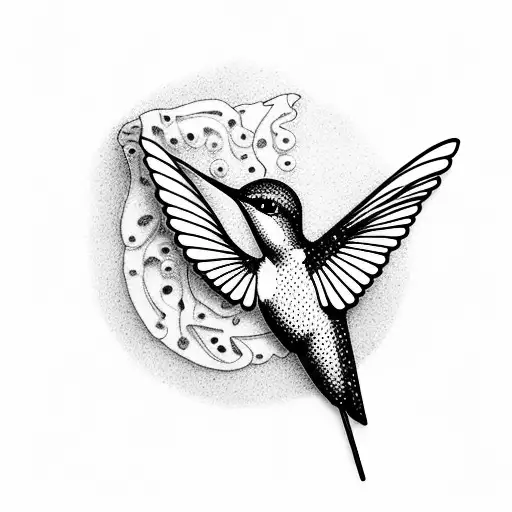 A Mesmerizing Dotwork Tattoo Of A Hummingbird Hovering Over A Field Of Organic Plants And Flowers